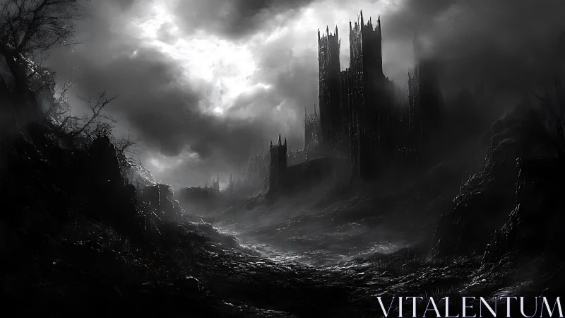 Dark fortress towers over misty, desolate rocky valley.