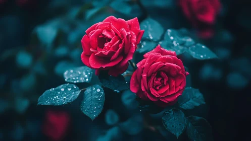 Crimson roses with water droplets against moody teal foliage.