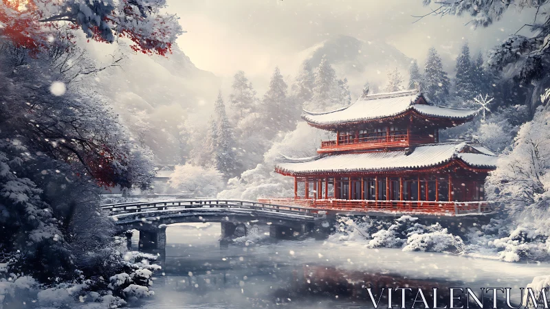 Snowy red temple by a quiet winter river bridge.