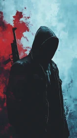Hooded silhouette with carbine against bifurcated chroma field.