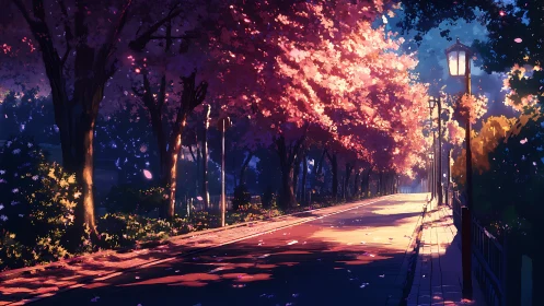 Sunlit Cherry Tree Boulevard in cinematic anime perspective.