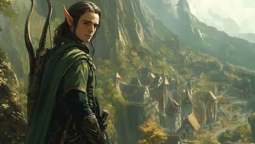 Elf ranger overlooking a detailed fantasy mountain city.