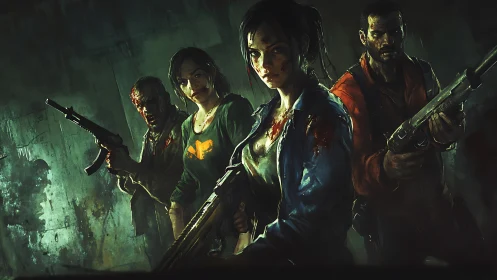 Armed survivors stand together in a dark grimy corridor.