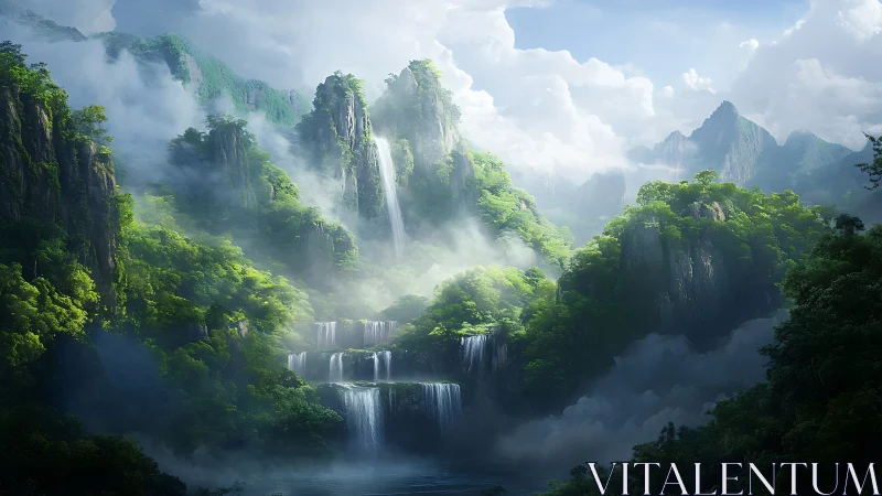 Misty tiered waterfalls cascade through lush emerald mountains