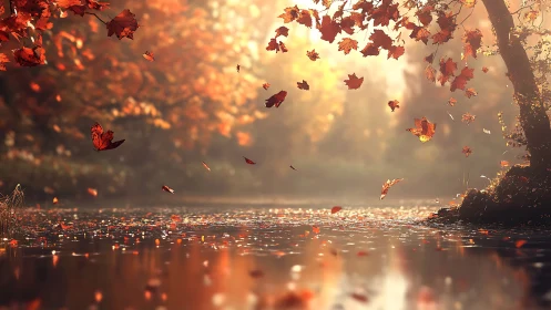 Autumn leaves descend over a reflective river in diffused light