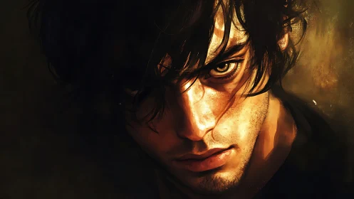 Moody rim‑lit male portrait with intense amber gaze, close crop