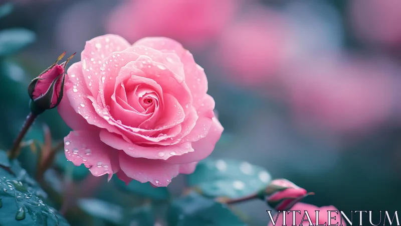 Soft-focus Pink Rose with Dewdrops: Botanical Macro Composition.