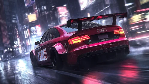 Widebody Audi race car in neon-lit rainy urban night drift