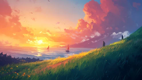 Sunlit sails drifting beneath flaming cotton candy clouds.