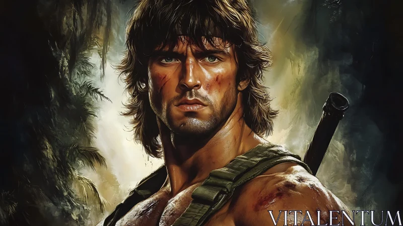 Battle-worn jungle warrior in dramatic digital portrait.