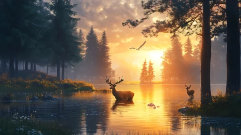 Golden forest lake where peaceful deer greet sunrise.