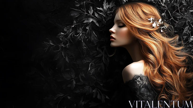 Profile portrait of red-haired woman against dark foliage field