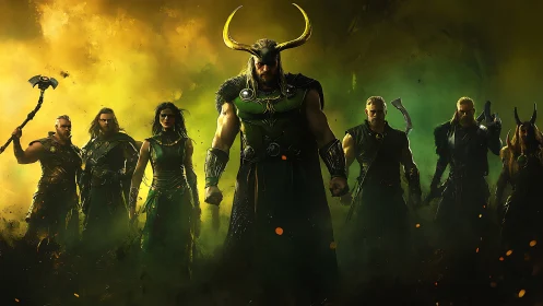 Horned warlord and armored cohort in volatile misted battlefield.