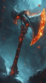 Runed battle axe ignites amid glacial mist in dynamic contrast