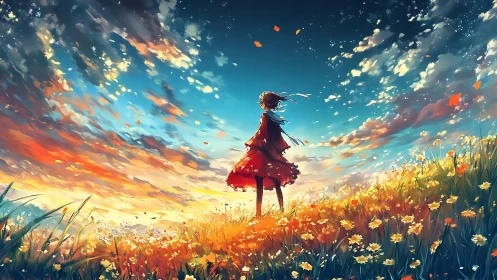 Wind-swept girl stands in luminous flower field under dynamic sky