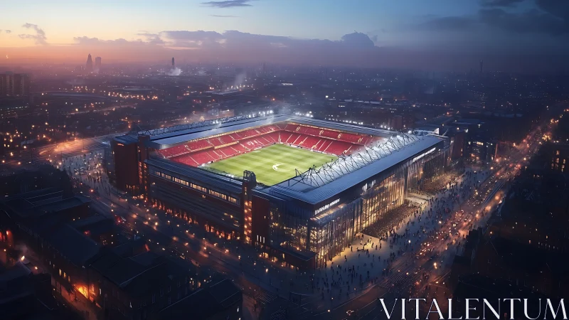 Illuminated football stadium within dense evening cityscape.