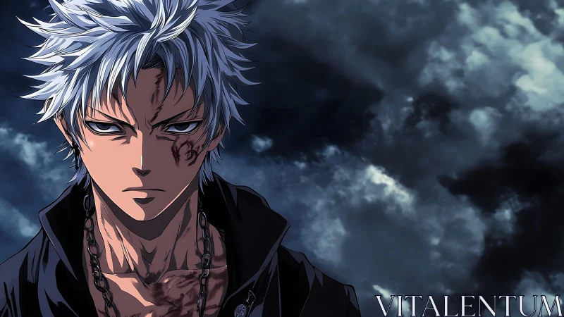 Silver haired anime warrior stands against stormy night sky