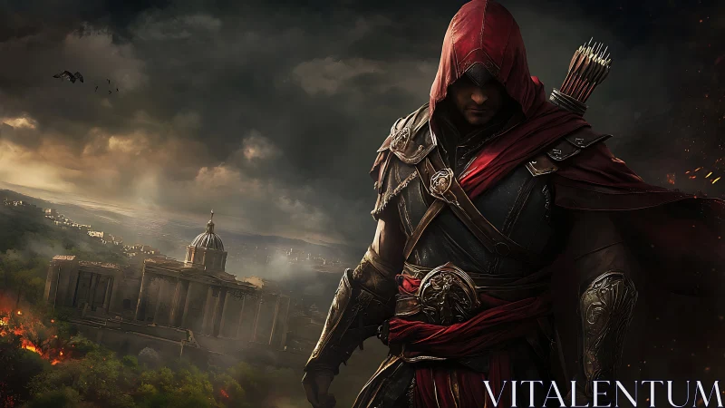 Hooded medieval archer overlooking burning classical cityscape