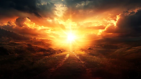 Sunburst road into molten evening clouds and quiet hills.