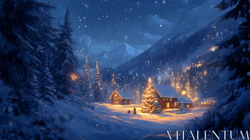 Snow-covered alpine village with illuminated cabins at night.