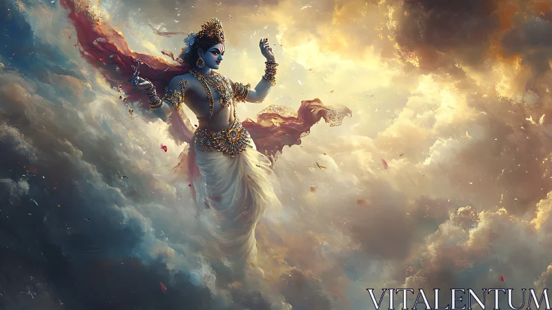 Celestial deity dances through luminous storm clouds in motion