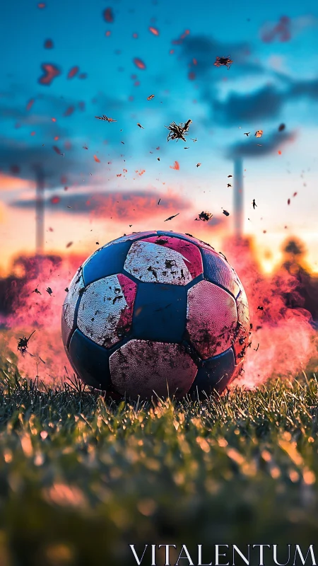 Photorealistic soccer ball impact with dynamic smoke field.