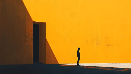 Lone figure beside large yellow wall and dark doorway.