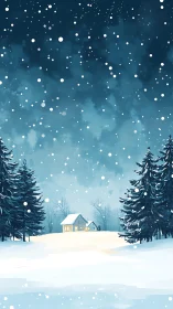 Snow-covered clearing contains distant cabin and fir trees