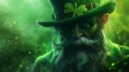 Hyper-detailed leprechaun portrait with volumetric green lighting