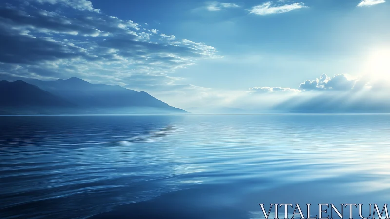 Sunlit blue seascape with distant misty mountains panorama.