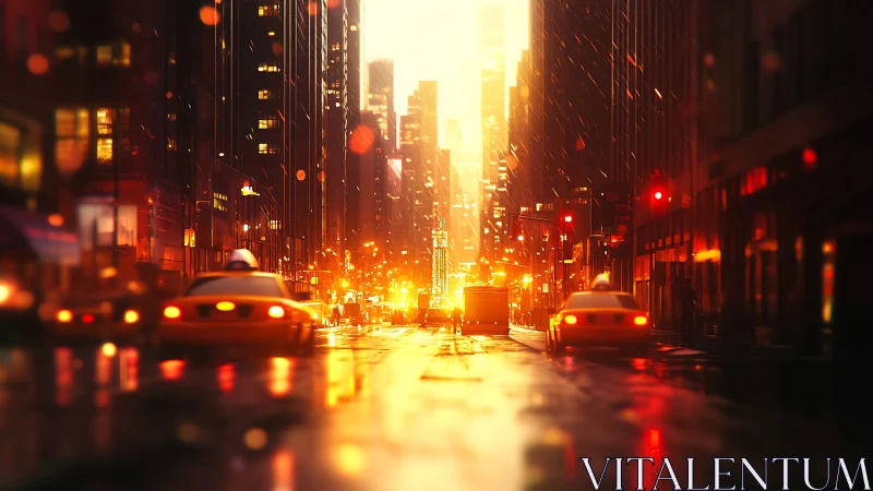 Rain‑slicked urban avenue with taxis under volumetric glow.