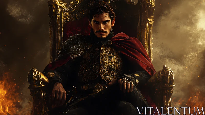 Dark fantasy warlord on burning golden throne in ruins.