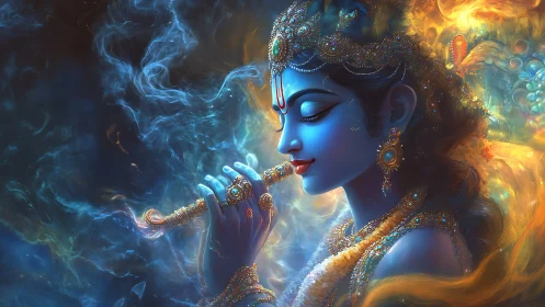 Blue-skinned deity playing flute in glowing jeweled attire.