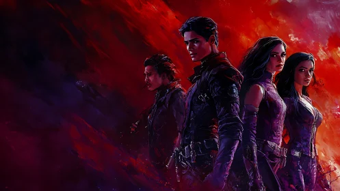 Four armored warriors stand against turbulent crimson void