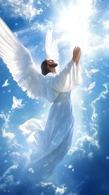 Radiant angel ascends through luminous clouds toward light.