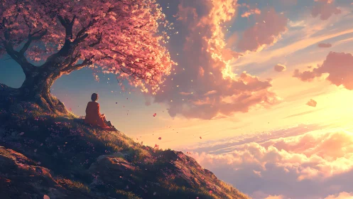 Solitary figure under blossom tree above glowing clouds.