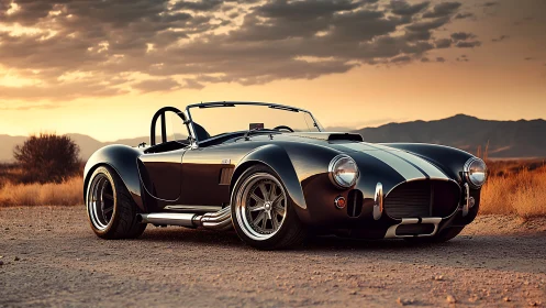 Low-slung classic roadster with racing stripes under warm sunset lighting