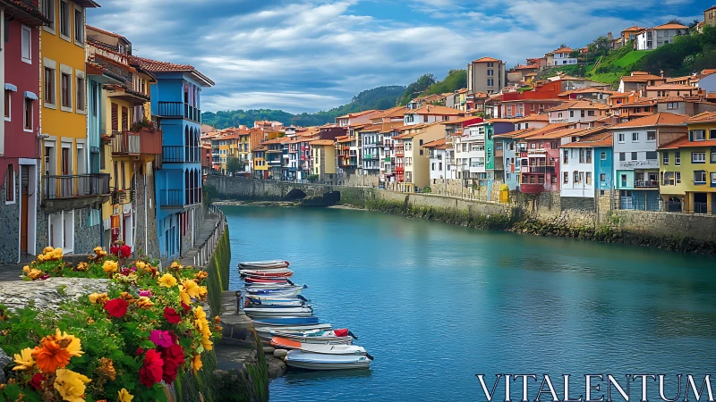 Colorful riverside town buildings line calm waterway