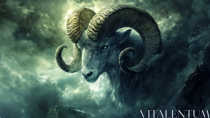 Mythic ram portrait in storm-swept atmospheric digital painting.