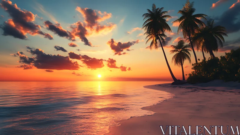 Sunset over calm tropical shoreline with palm silhouettes.