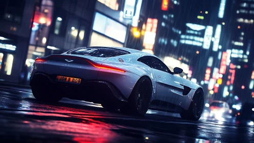 White sports coupe cuts neon city rain with reflective gloss.