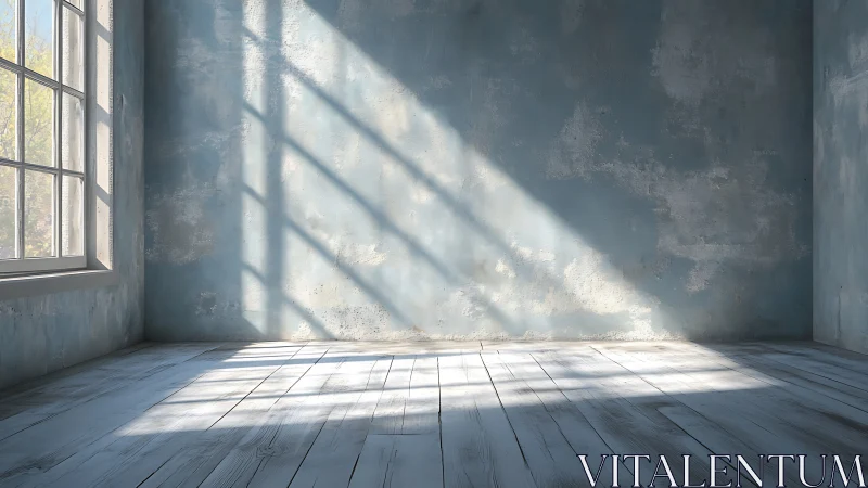 Sunlit empty studio with distressed blue plaster walls.