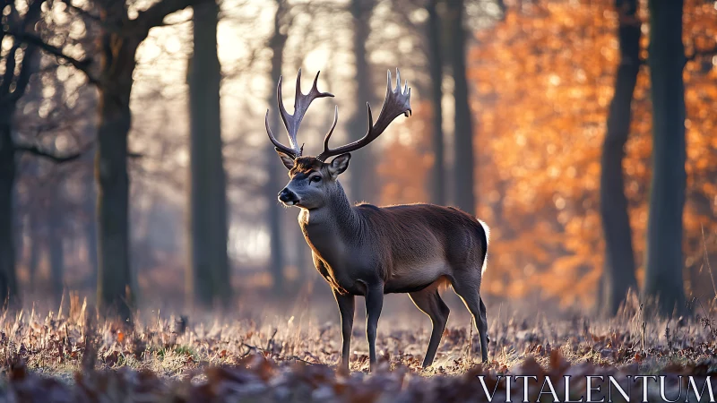 Stag stands alert in backlit autumn forest clearing at dawn