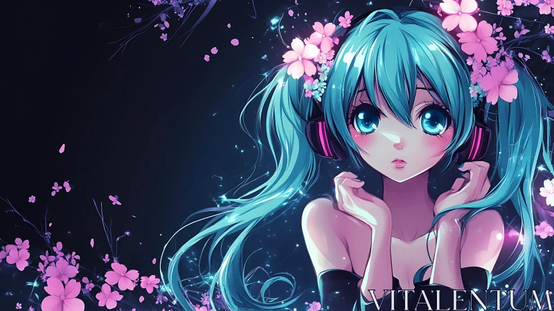 Blue haired anime girl with headphones framed by pink blossoms