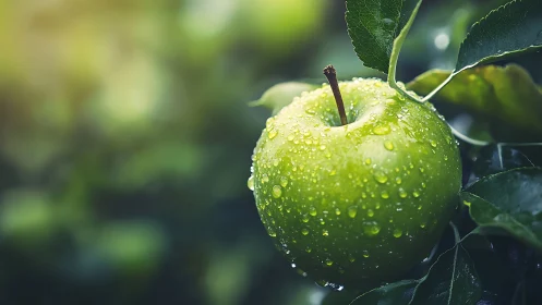Macro study of dewy green apple on branch with shallow depth