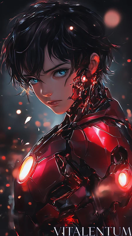 Cyborg youth with red armored suit and exposed circuitry stares