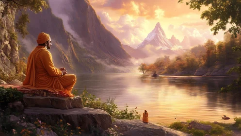 Meditating monk beside alpine lake at luminous sunrise.