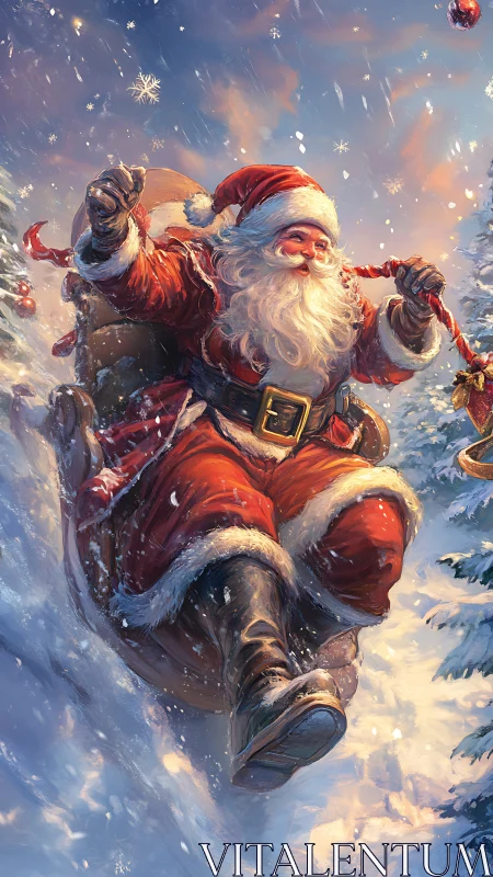 Santa rides wooden sleigh down glowing snowy hillside