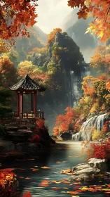 Autumn pagoda dreams beside misty cliffs and waterfalls.