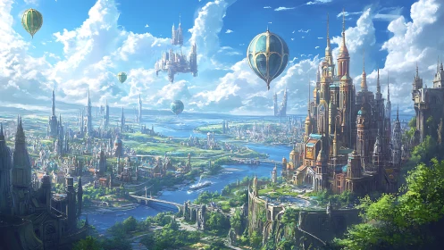 Sunlit aerial fantasy cityscape with rivers and skyships